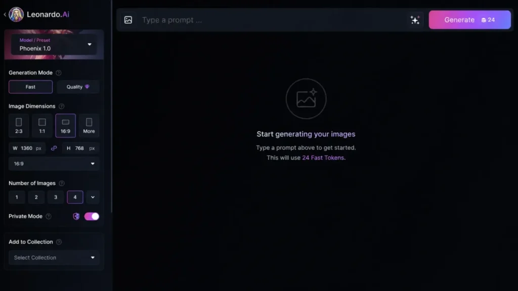 Leonardo.Ai image creation interface showing Private Mode enabled, model settings, and token cost on the Generate button.
