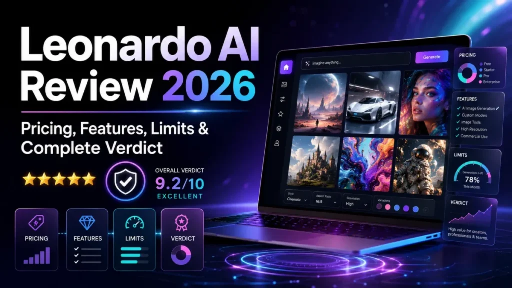 Leonardo AI Review 2026 featured image highlighting pricing, features, limits, and overall verdict