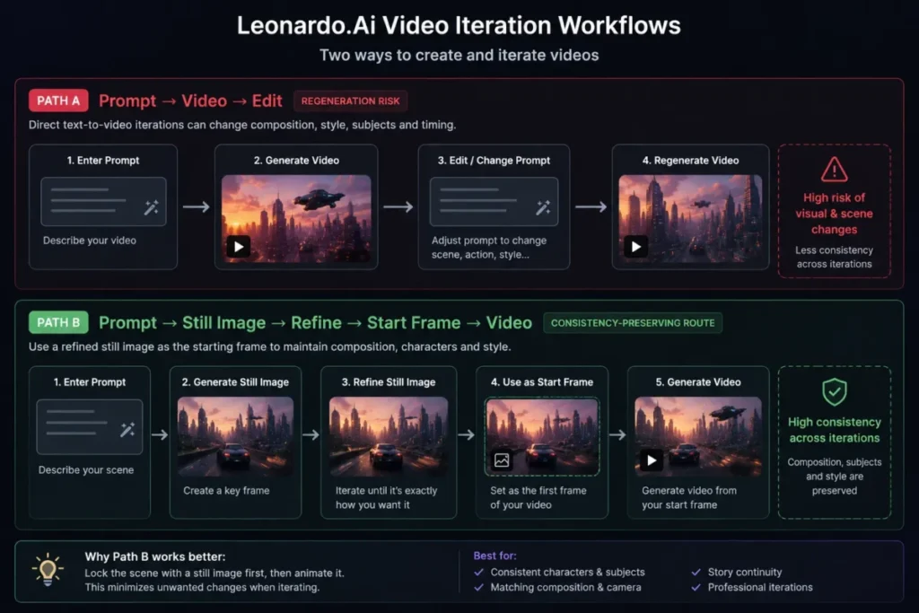 Leonardo.Ai video iteration workflow comparing direct prompt-to-video regeneration with a still-image start-frame workflow for better consistency.