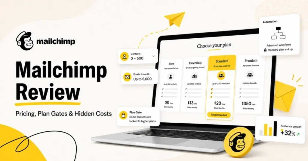 Mailchimp Review showing pricing, plan gates, automation limits and hidden costs
