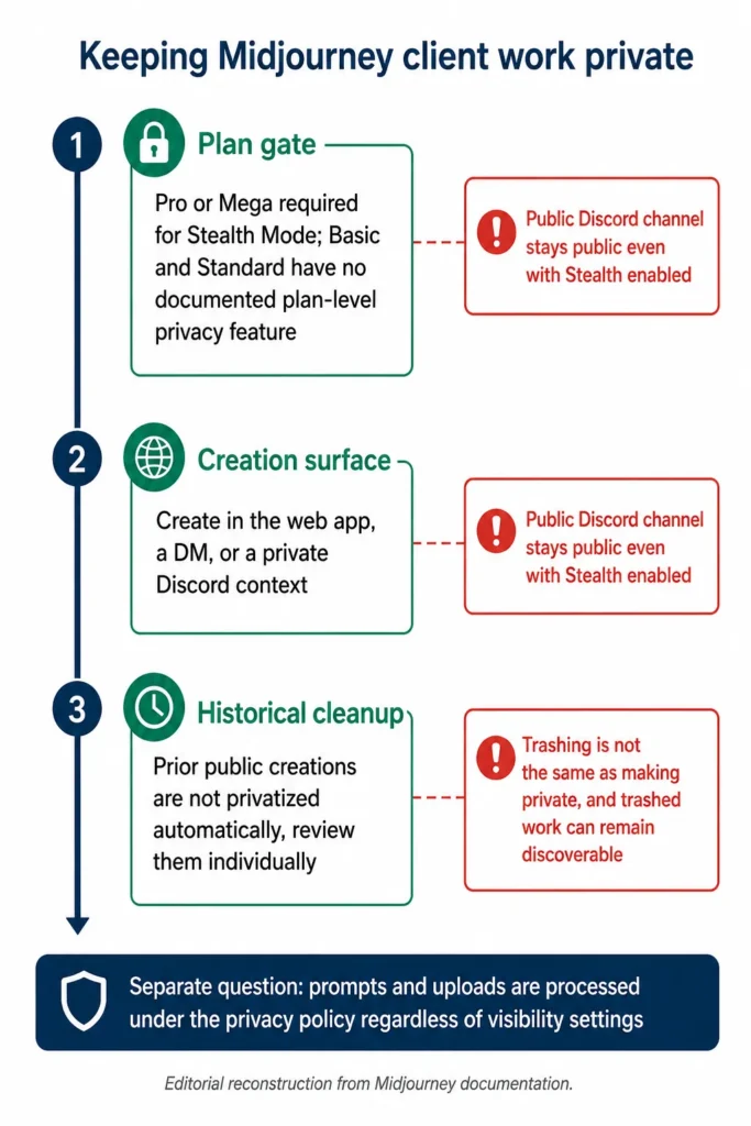 Three-stage Midjourney privacy checklist covering Stealth Mode, private creation contexts, and historical cleanup of public work.
