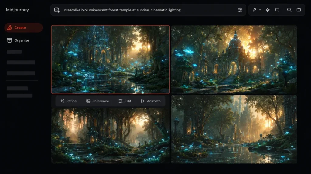 Midjourney Create page with the Imagine bar, four-image generation grid, and refinement controls in 2026.