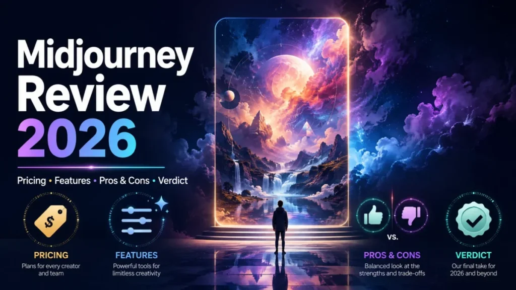 Midjourney Review 2026 featured image highlighting pricing, features, pros and cons, and verdict.