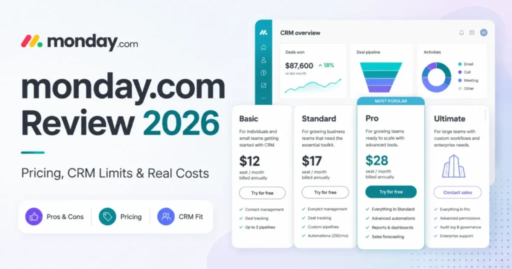 monday.com Review 2026 featured image showing CRM pricing plans and dashboard overview