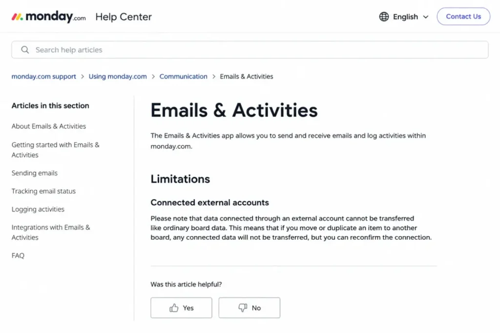 monday.com Emails and Activities documentation showing connected external account data cannot be transferred like board data