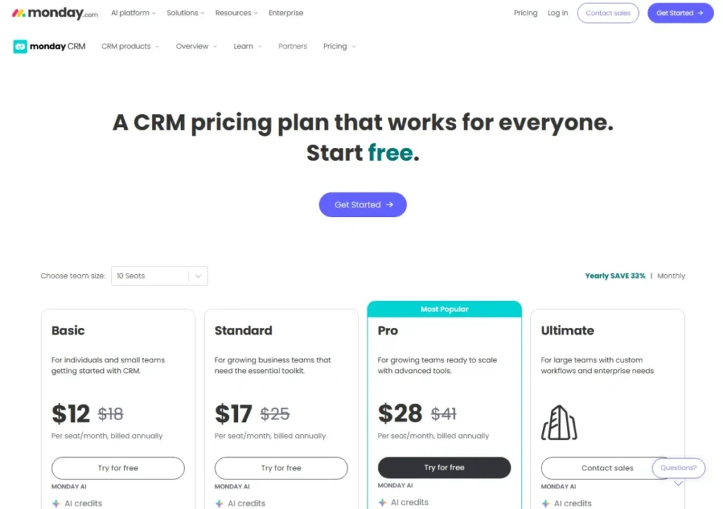 monday CRM pricing page showing Basic, Standard, Pro, and Ultimate plan cards