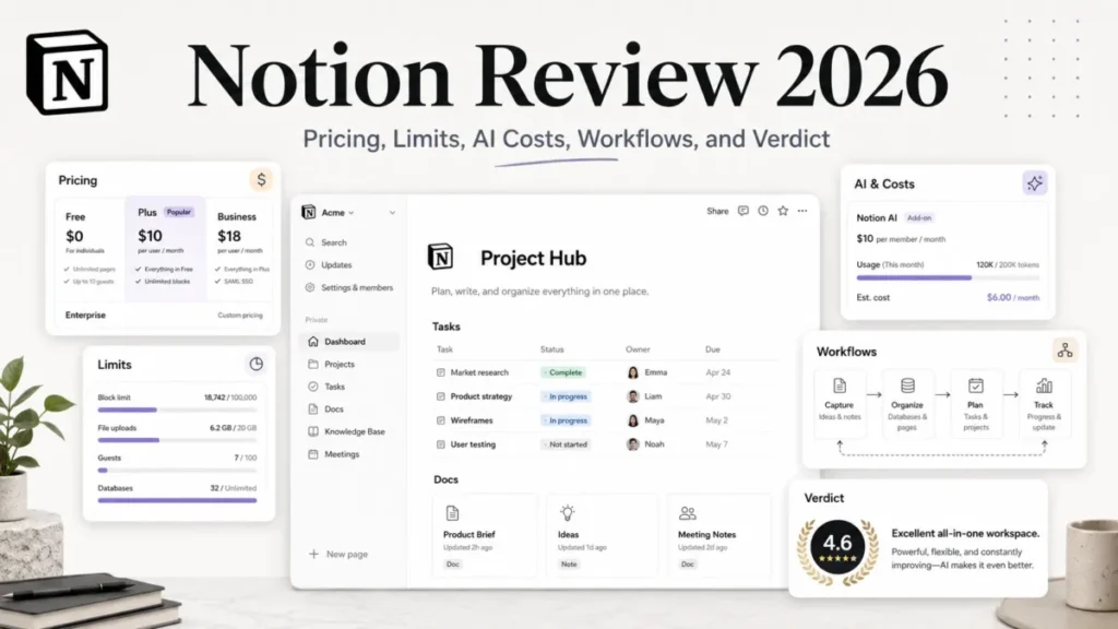 Notion Review 2026 featured image showing pricing, usage limits, AI costs, workflows, and verdict.