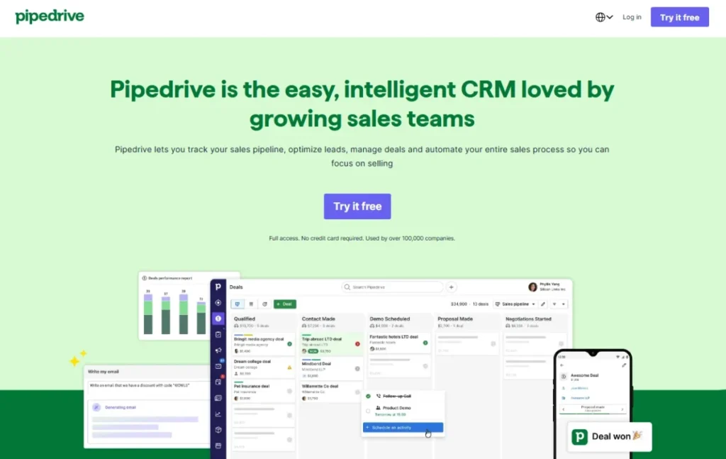 Pipedrive homepage hero showing its easy intelligent CRM positioning and Try it free CTA