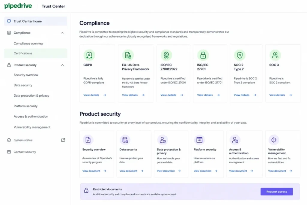 Pipedrive Trust Center showing compliance certifications and product security resources