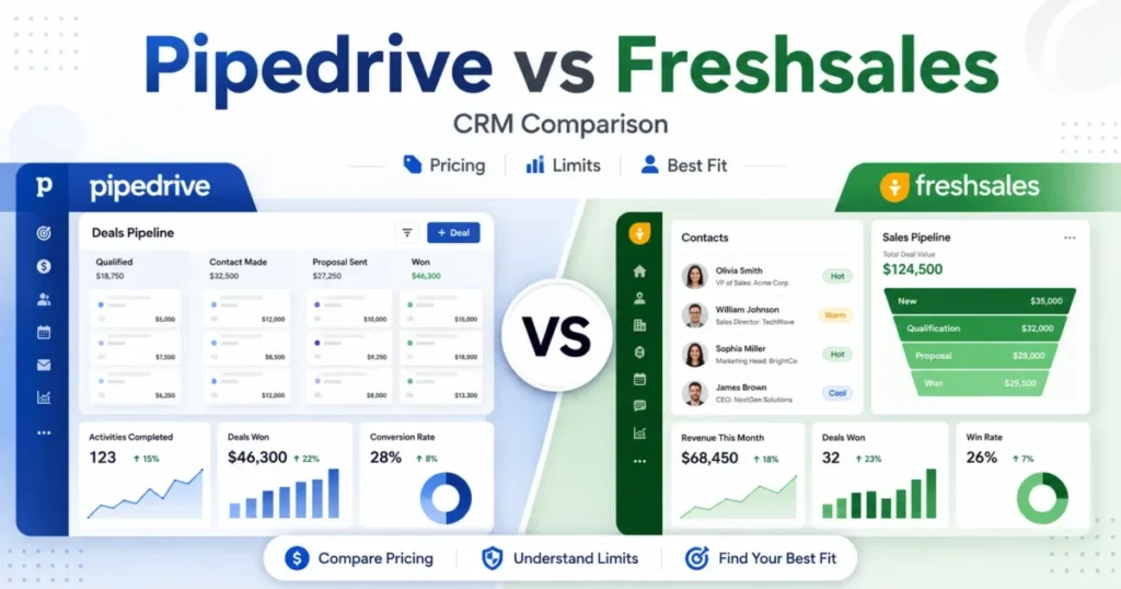 Pipedrive vs Freshsales CRM comparison showing pricing, limits, pipelines, and best-fit differences