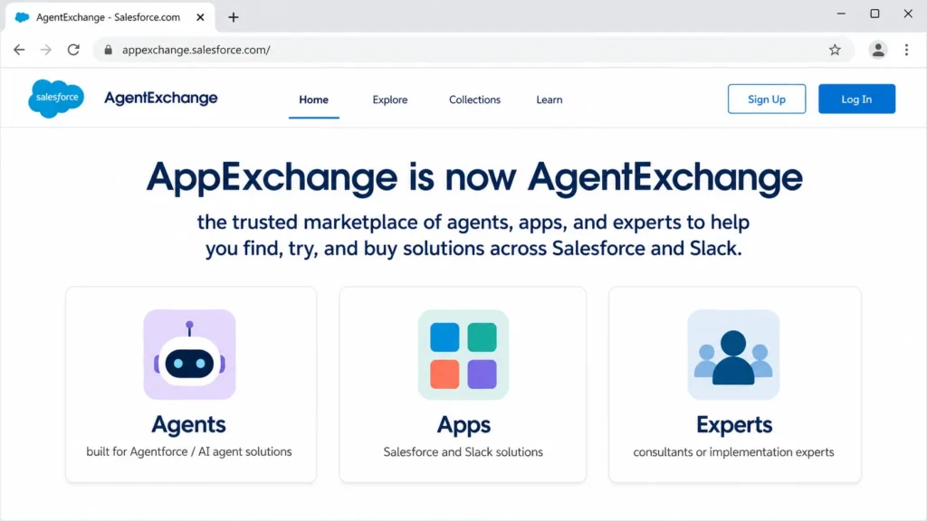 Salesforce AgentExchange homepage showing AppExchange is now AgentExchange