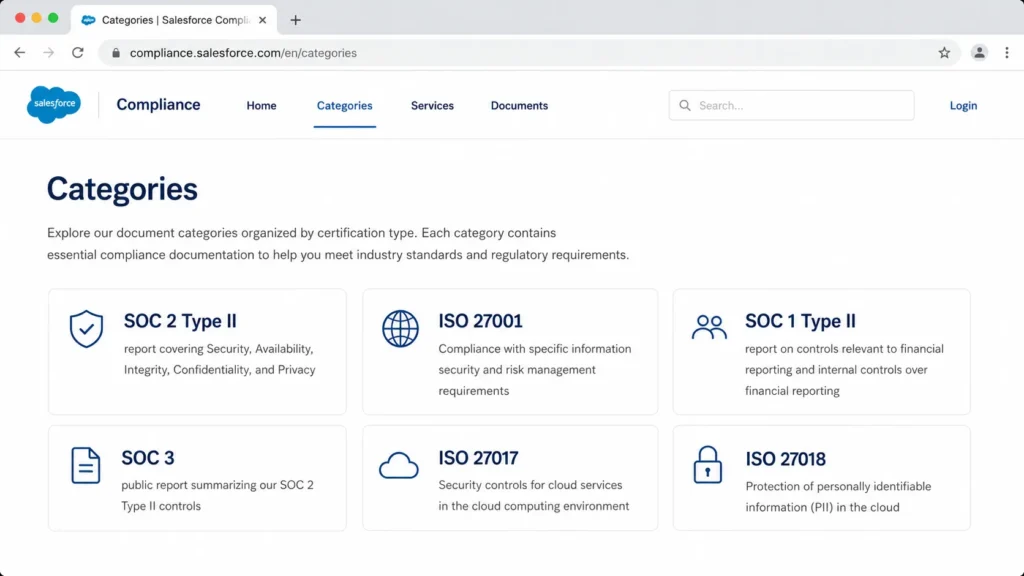 Salesforce Compliance categories page showing SOC 2 Type II and ISO 27001