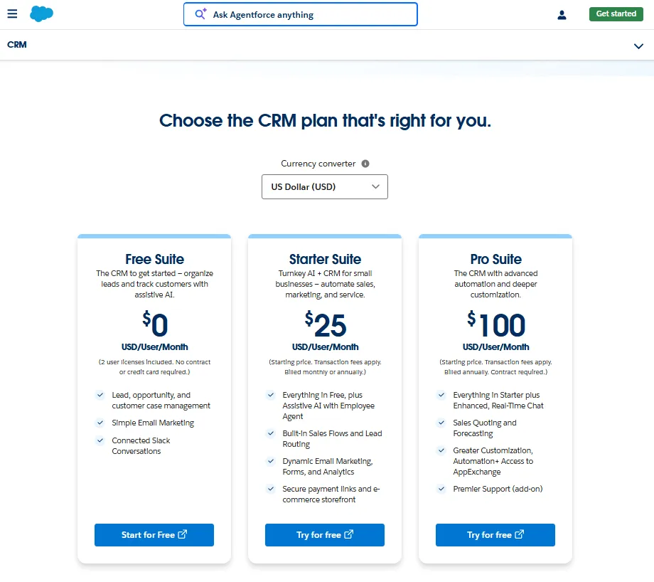 Salesforce CRM pricing page showing Free Suite, Starter Suite, and Pro Suite plans