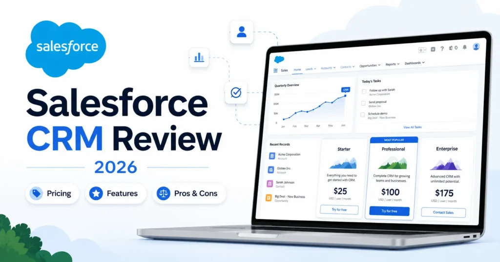 Salesforce CRM Review 2026 featured image with pricing, features, and pros and cons
