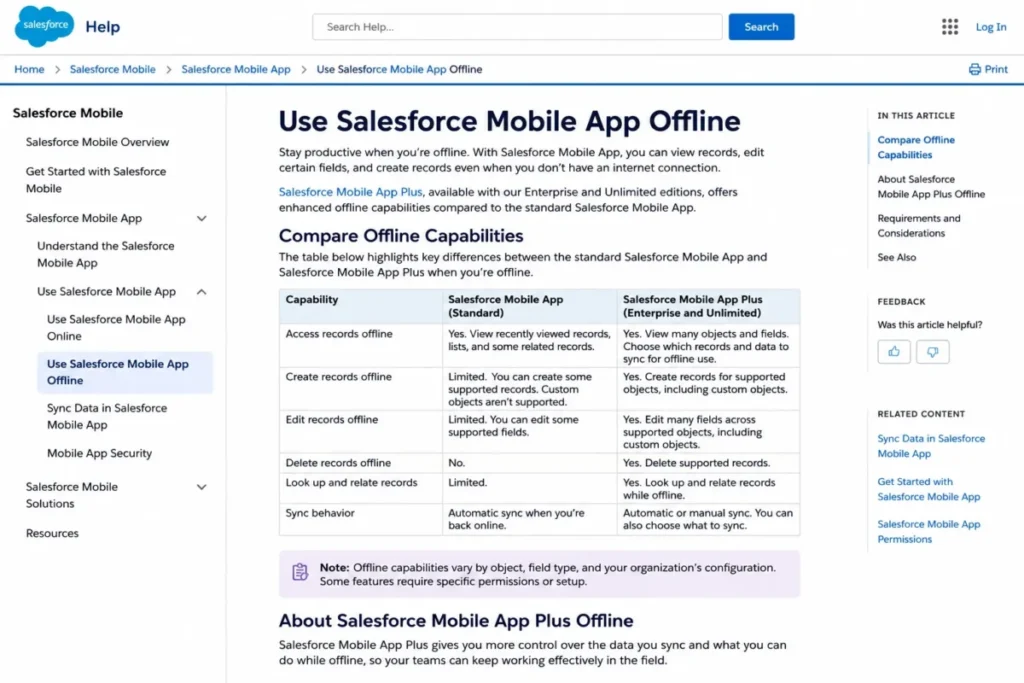Salesforce Mobile App offline comparison showing enhanced record creation and editing in Mobile App Plus