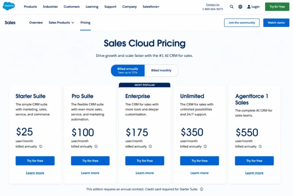 Salesforce Sales Cloud pricing showing Starter Suite at $25, Pro Suite at $100, Enterprise at $175, Unlimited at $350, and Agentforce 1 Sales at $550 per user per month