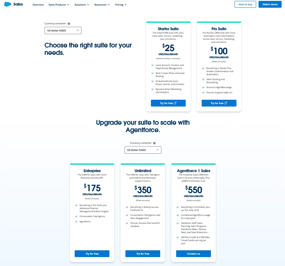 Salesforce Sales pricing page showing Starter, Pro, Enterprise, Unlimited, and Agentforce 1 Sales plans