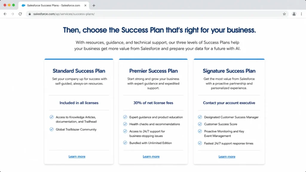 Salesforce Success Plans comparison showing Standard, Premier, and Signature plans