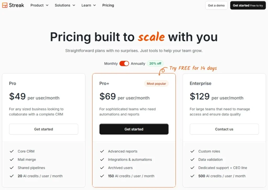 treak CRM pricing with Pro, Pro Plus, and Enterprise annual plans