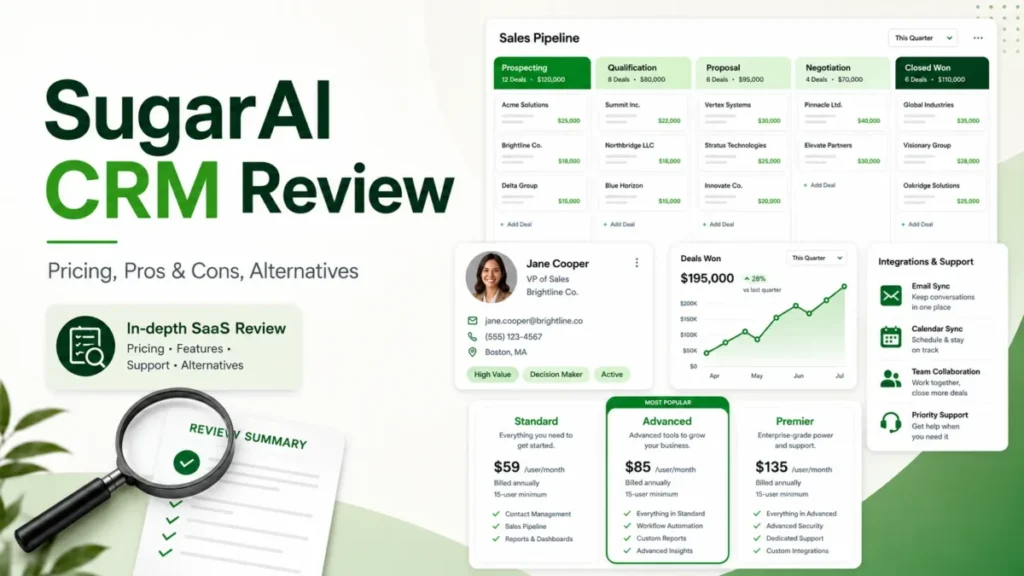 SugarAI CRM Review 2026 with pricing plans, sales pipeline, integrations, and support overview