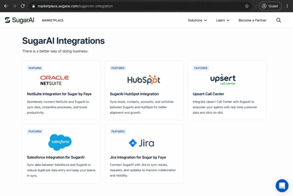 SugarAI Marketplace integration cards for NetSuite, HubSpot, Upsert, Salesforce, and Jira