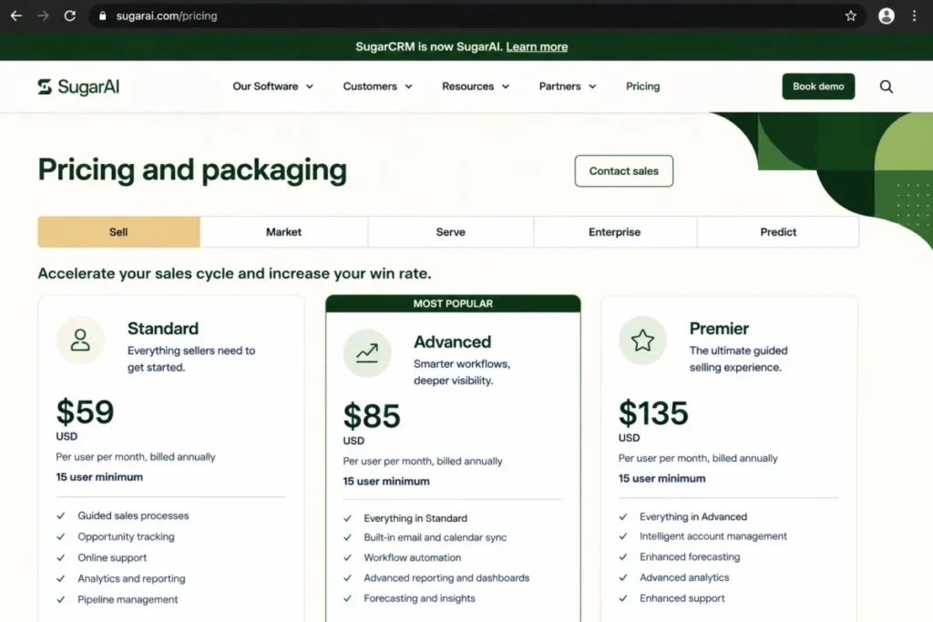 SugarAI pricing plans showing Standard, Advanced, and Premier with a 15-user minimum