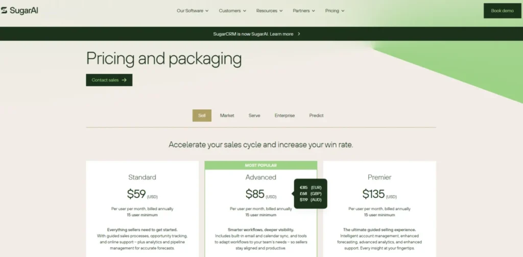 Sugar Sell pricing plans for Standard, Advanced, and Premier with a 15-user minimum