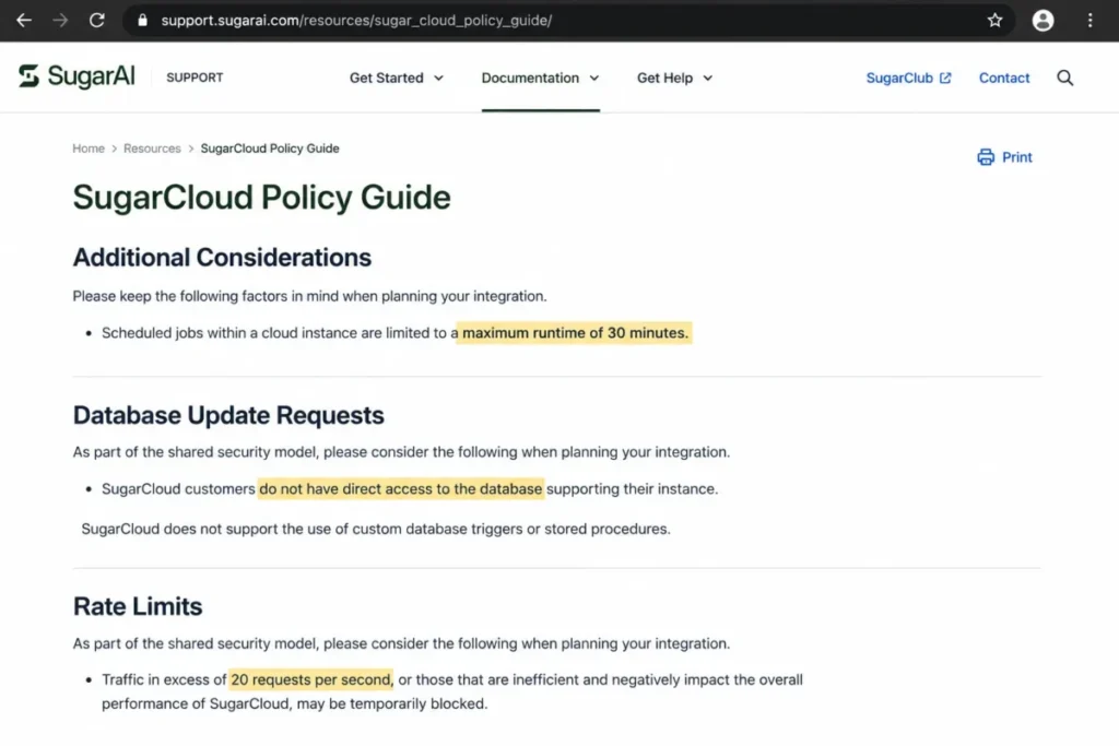 SugarCloud Policy Guide showing the 30-minute job limit, no direct database access, and 20 requests-per-second policy