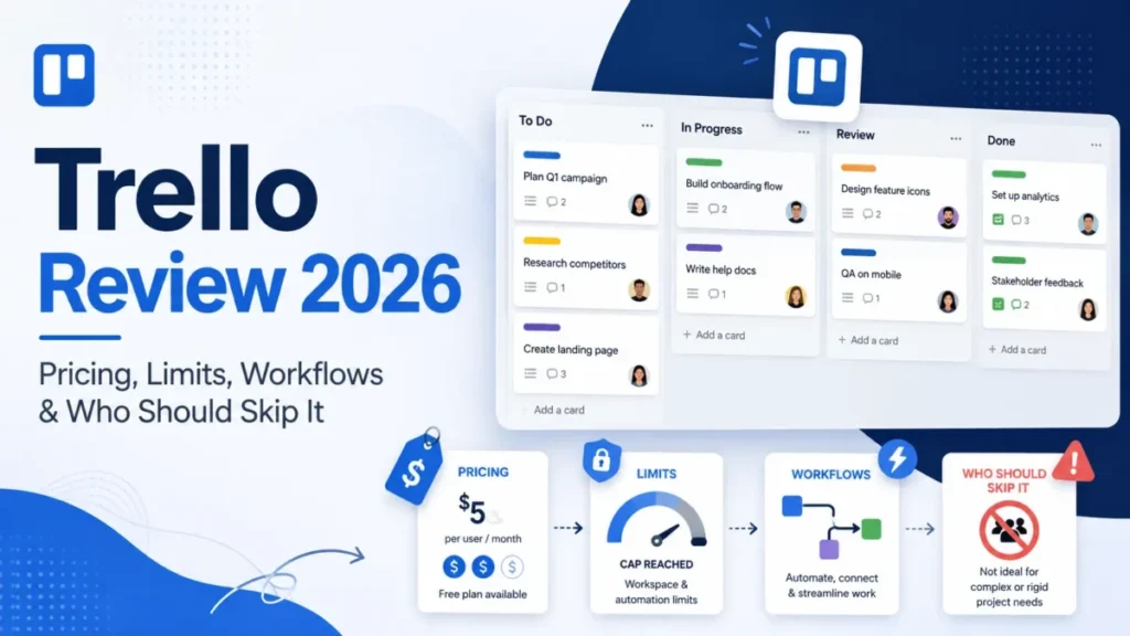 Trello Review 2026 featured image showing a Kanban board, pricing, limits, workflows, and suitability.
