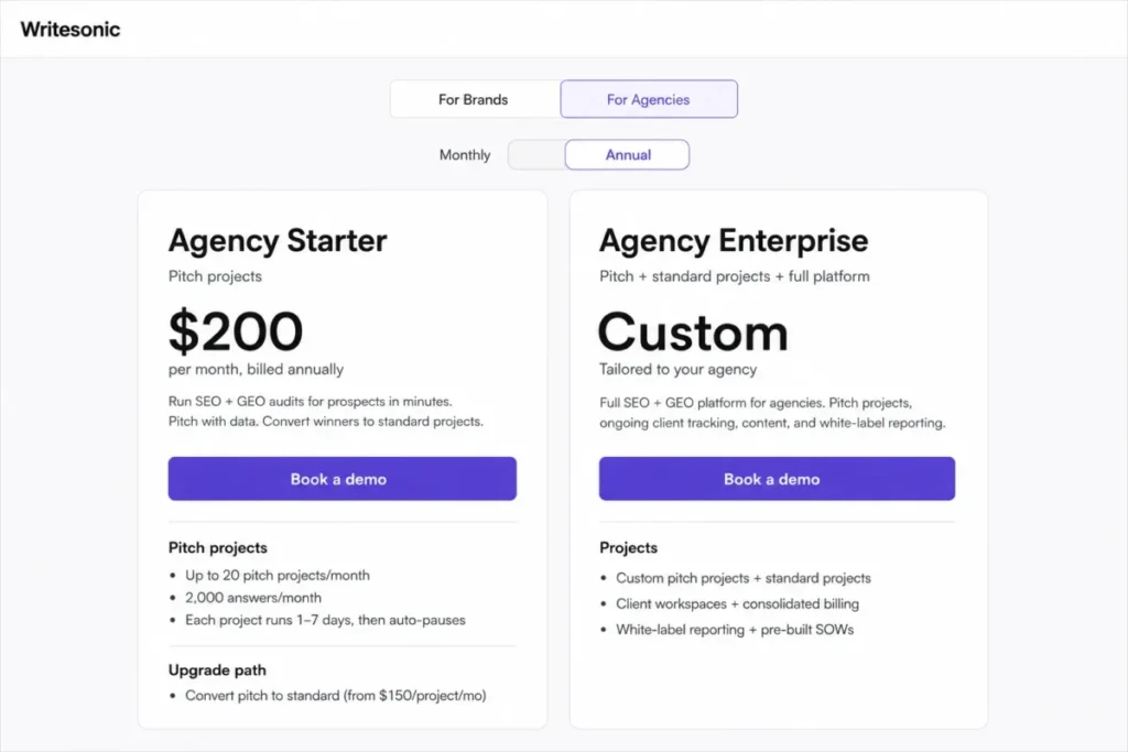 Writesonic agency pricing with Agency Starter at $200 per month billed annually and Agency Enterprise at custom pricing.