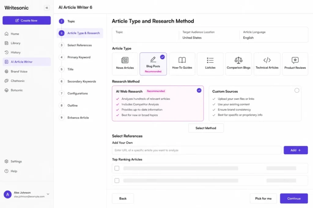 Writesonic AI Article Writer 6 setup with AI Web Research selected and the Select References area visible.