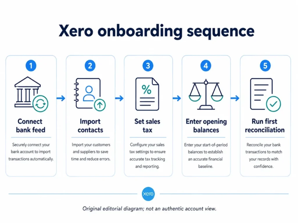 Xero onboarding sequence from connecting a bank feed to completing the first reconciliation