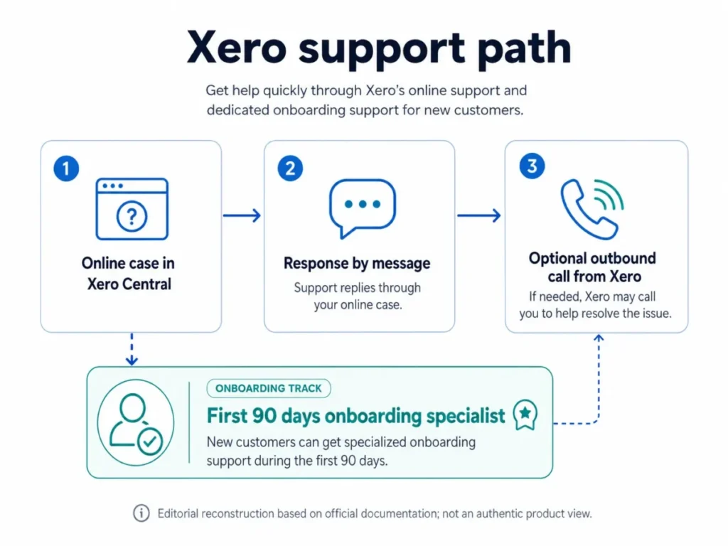 Xero support path from an online Xero Central case to message support, optional callback, and 90-day onboarding help