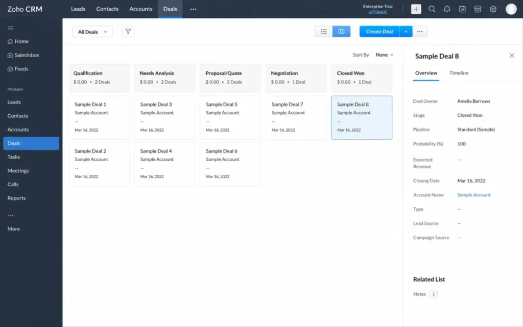 Zoho CRM Deals module showing a kanban pipeline view with deal stages and a selected deal record