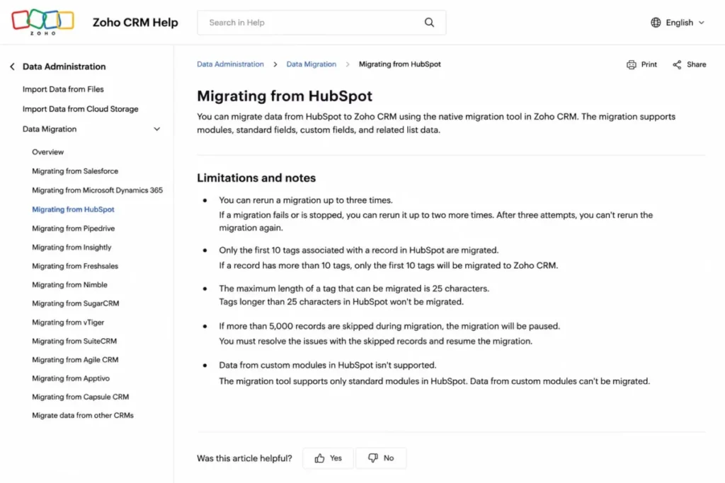Zoho CRM help article showing HubSpot migration limits for reruns, tags, skipped records, and custom modules