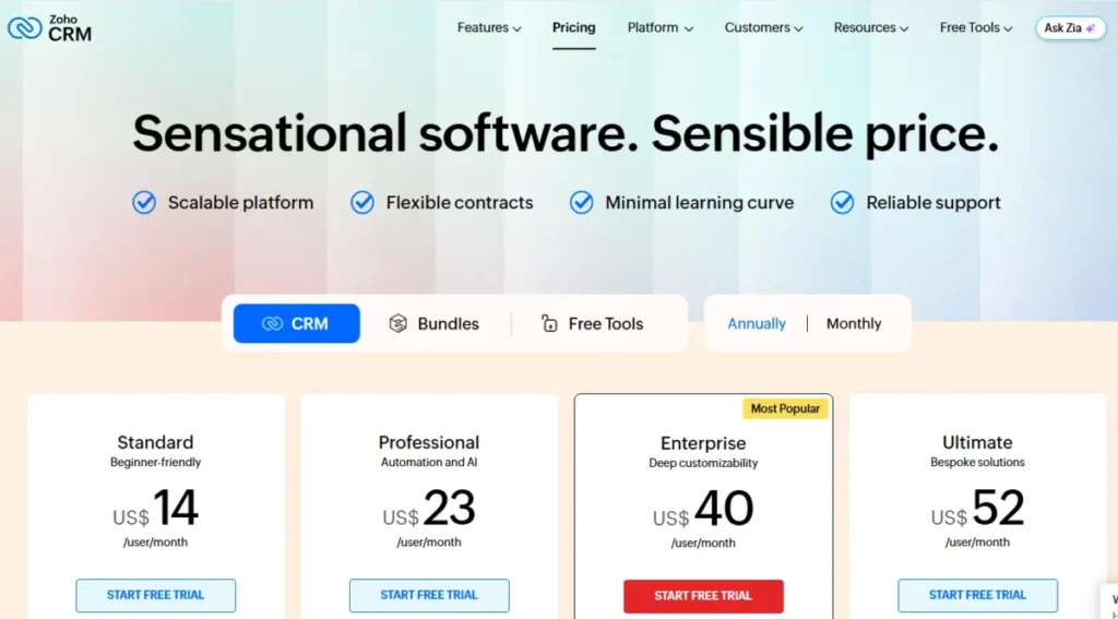 Zoho CRM pricing page showing annual USD prices for Standard, Professional, Enterprise, and Ultimate plans