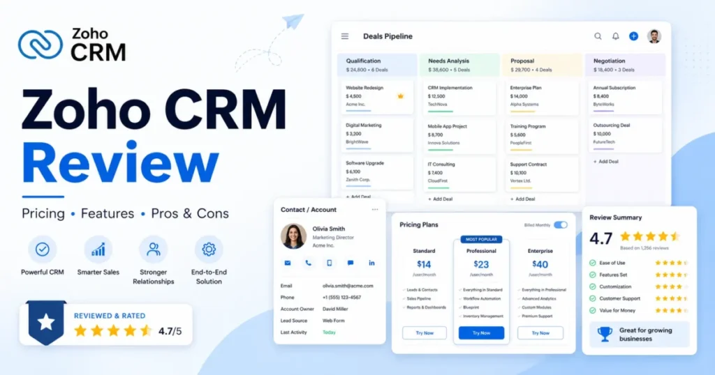 Zoho CRM review featured image showing pricing, sales pipeline, CRM features, and review summary