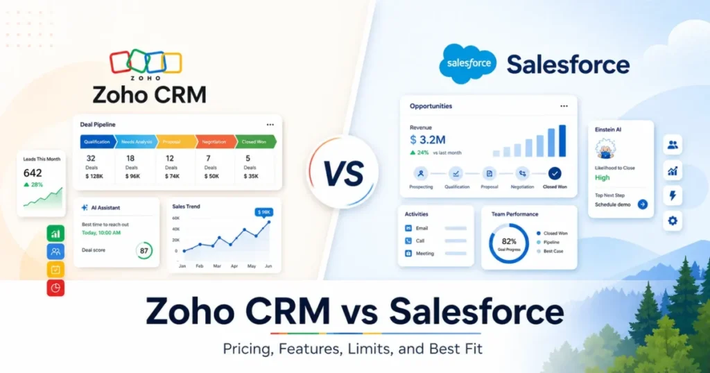 Zoho CRM vs Salesforce comparison showing CRM dashboards, sales pipelines, AI tools, pricing, features, limits, and best-fit differences