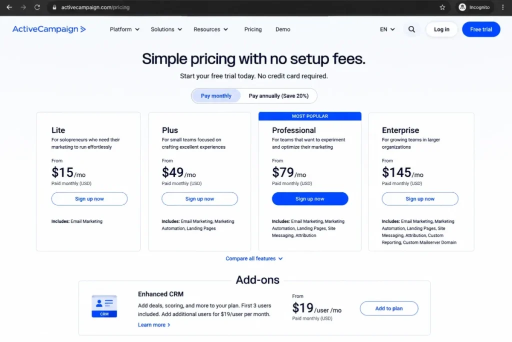 ActiveCampaign pricing page mockup showing the Enhanced CRM add-on listed separately from core email plans.