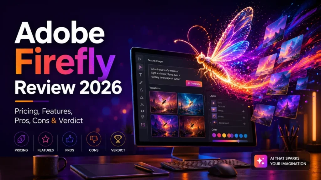 Adobe Firefly Review 2026 featured image showing AI image generation, pricing, features, pros, cons, and verdict.
