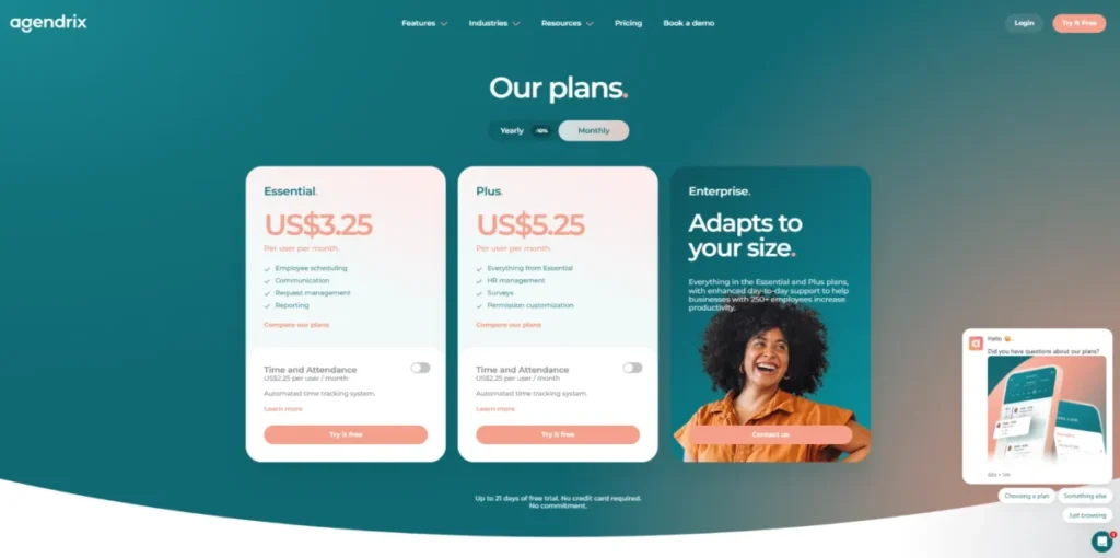Agendrix pricing page showing Essential at US$3.25 per user, Plus at US$5.25, Enterprise custom pricing, and the Time and Attendance add-on