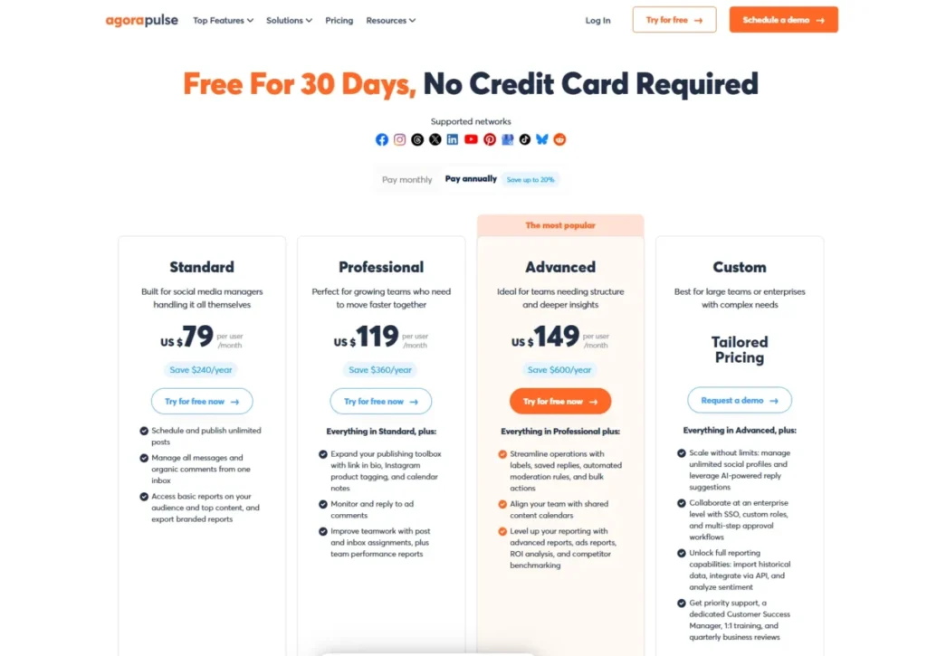 Agorapulse pricing page showing Standard, Professional, Advanced, and Custom plans with a 30-day free trial and no credit card required