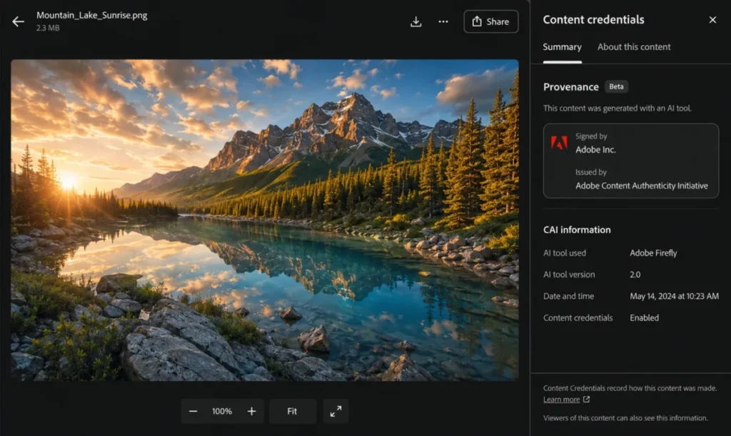 Content credentials metadata panel showing AI provenance information for a generated image