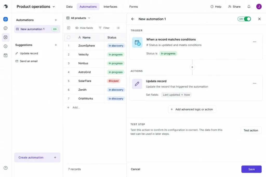 Airtable Automations panel showing a configured trigger, an update-record action, a test button, and the enabled toggle.