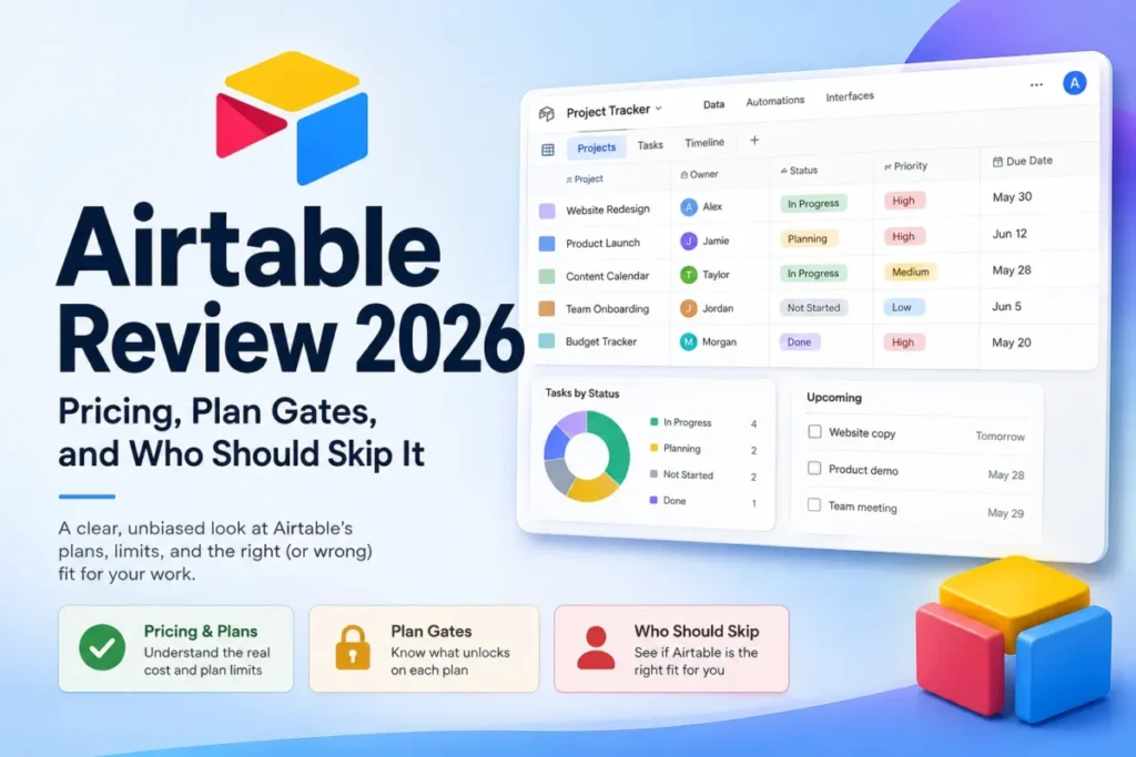 Featured image for Airtable Review 2026 showing pricing, plan gates, project tracking, and who should skip the platform.