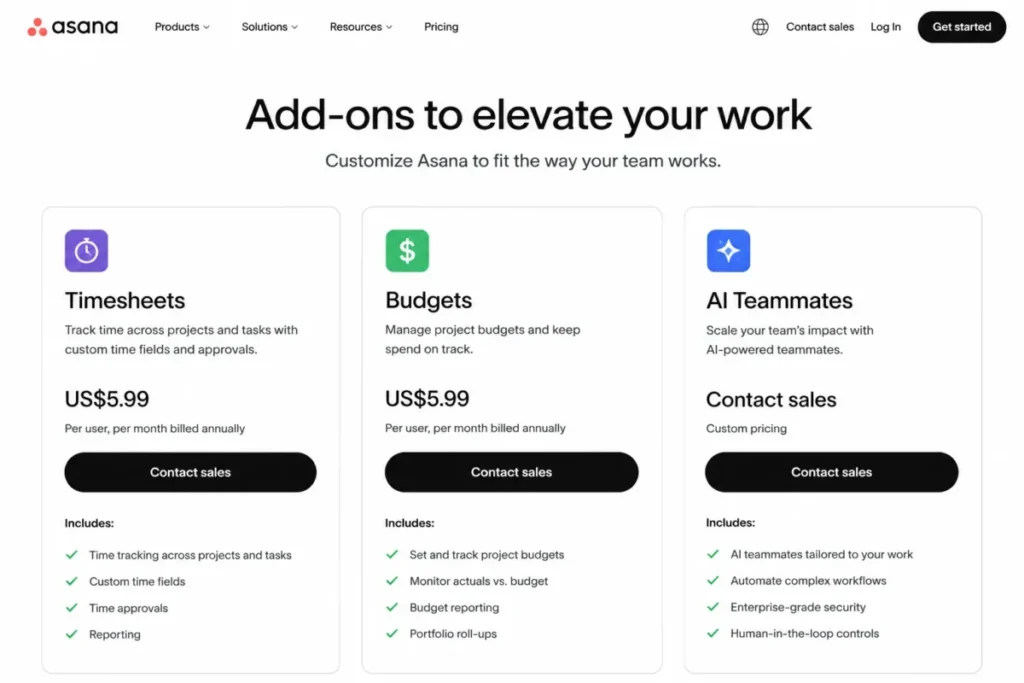 Asana add-ons pricing mockup showing Timesheets, Budgets, and AI Teammates cards