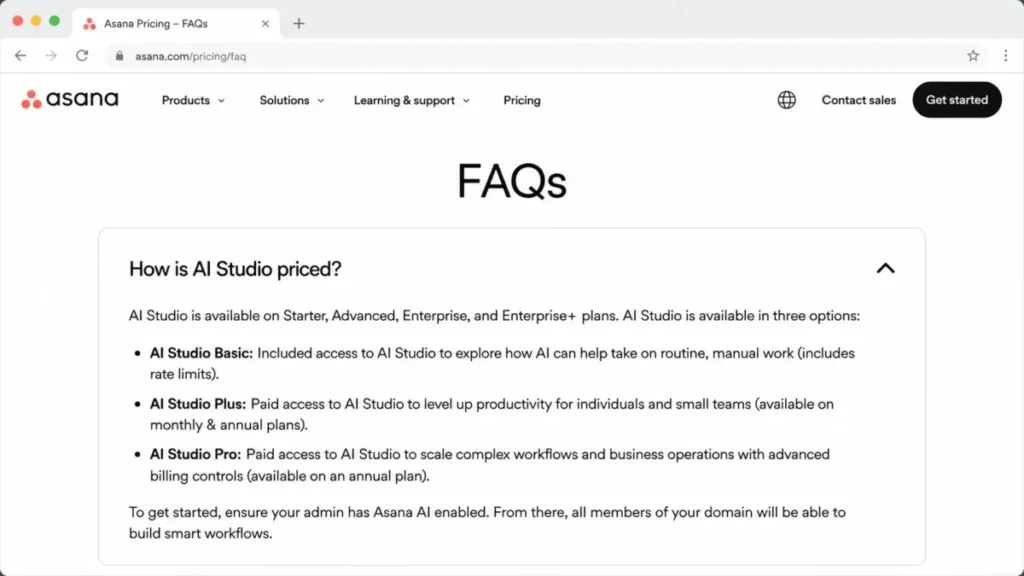 Asana pricing FAQ mockup explaining AI Studio Basic, Plus, and Pro pricing options