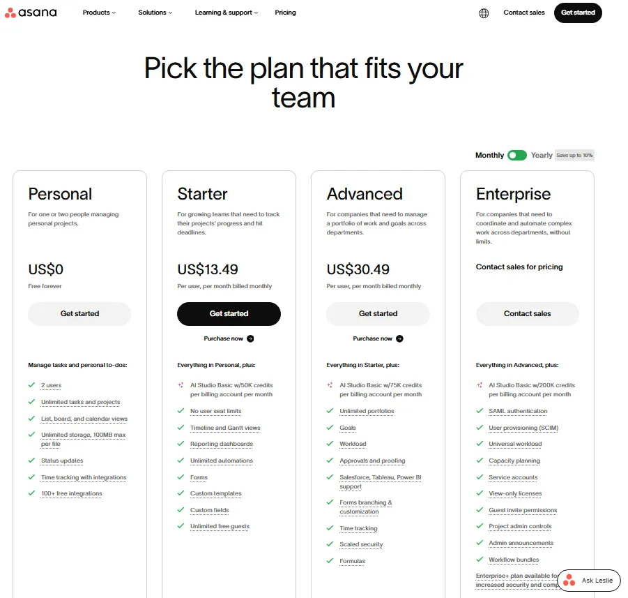 Asana pricing page showing monthly billing prices for Personal, Starter, Advanced, and Enterprise plans