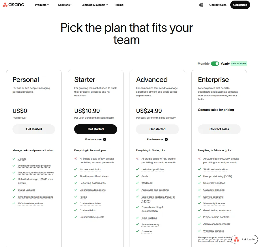Asana pricing page showing Personal, Starter, Advanced, and Enterprise plans with annual billing selected