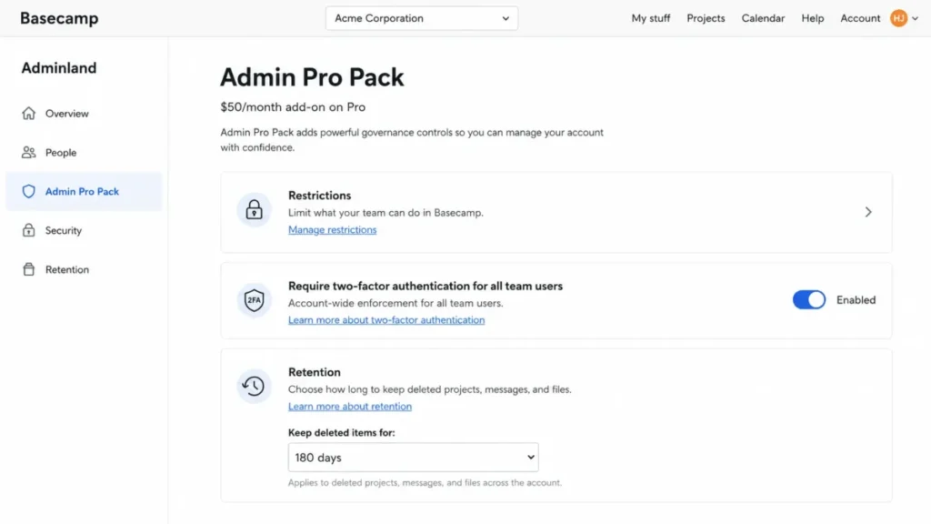 Basecamp Admin Pro Pack settings showing account-wide two-factor authentication enforcement, restrictions, and retention controls.